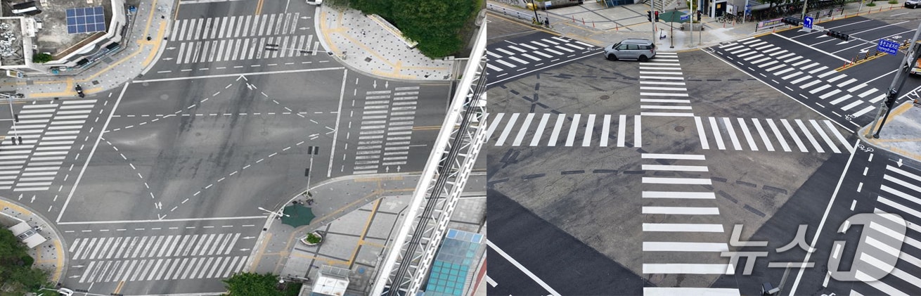 대구도시철도 3호선 동천역 앞에 대각선횡단보도가 설치 전&#40;왼쪽&#41;과 후의 모습.&#40;대구 북구 제공. 재판매 및 DB금지&#41;