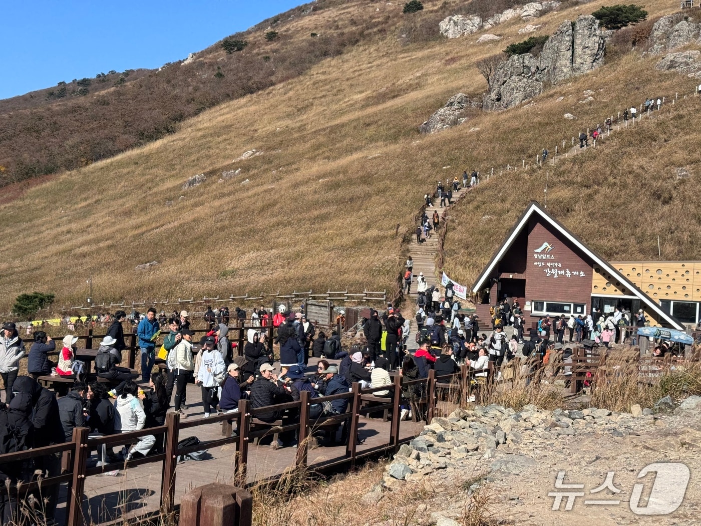 울산 울주군 간월재 억새평원에 등산객들이 가을 정취를 만끽하고 있다..2025.11.30./뉴스1 ⓒ News1 김세은 기자