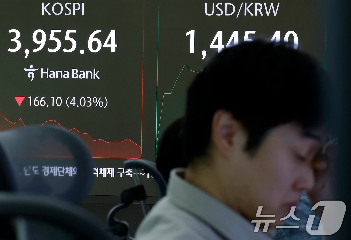 5일 오전 서울 중구 하나은행 딜링룸에 코스피 시황이 표시되고 있다. 이날 코스피는 66.27p 하락하며 출발해 장중 4000선이 붕괴됐다. 2025.11.5/뉴스1 ⓒ News1 박정호 기자