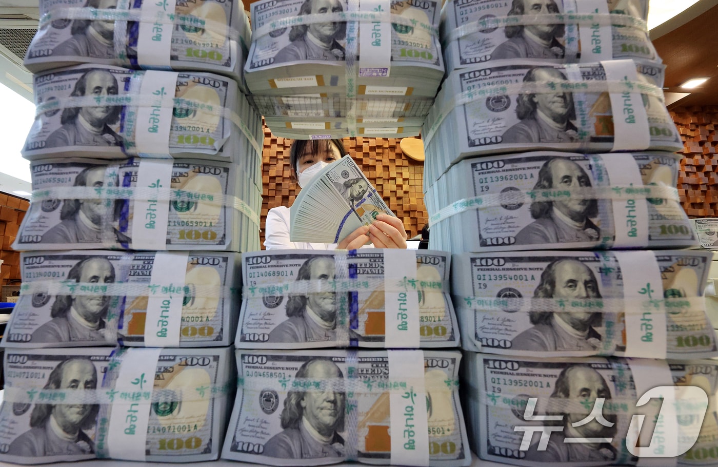  서울 중구 하나은행 위변조대응센터에 은행 관계자가 달러화를 정리하는 모습. 2025.11.5/뉴스1 ⓒ News1 이호윤 기자