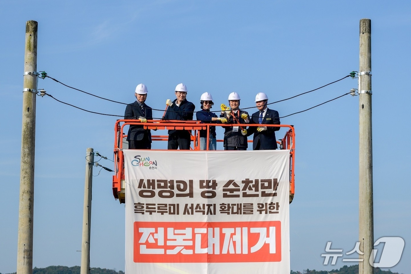 노관규 순천시장이 6일 순천만 안풍들 전봇대 제거 행사에서 사다리차에 올라 전선을 커팅하고 있다. (순천시 제공. 재판매 및 DB금지)