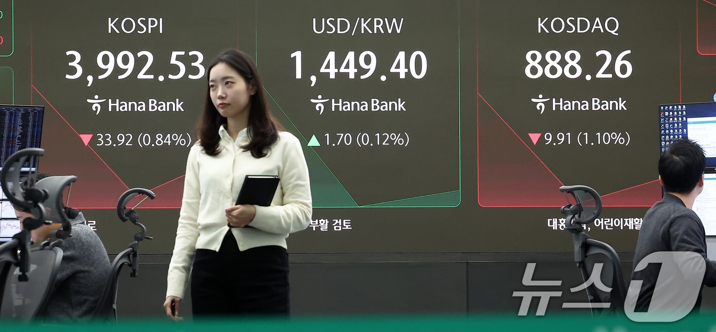 7일 오전 서울 중구 하나은행 본점 딜링룸 전광판에 개장 시황이 나오고 있다. /뉴스1 ⓒ News1 김성진 기자