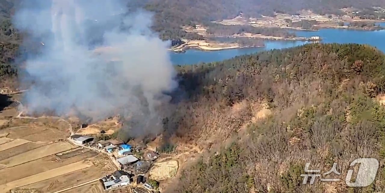 1일 오전 11시47분쯤 경북 상주시 외서면 이천리 한 도로 옆 야산에서 불이나 산림과 소방당국이 진화하고 있다.&#40;경북소방본부 제공. 재판매 및 DB 금지&#41;2025.12.1/뉴스1