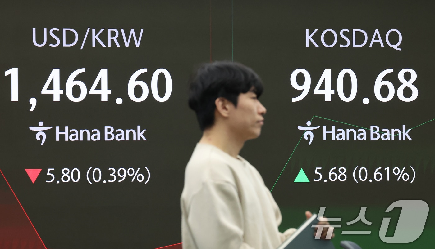 11일 오전 서울 중구 하나은행 딜링룸 전광판에 코스닥과 원달러환율 시황이 표시되고 있다. 2025.12.11/뉴스1 ⓒ News1 장수영 기자