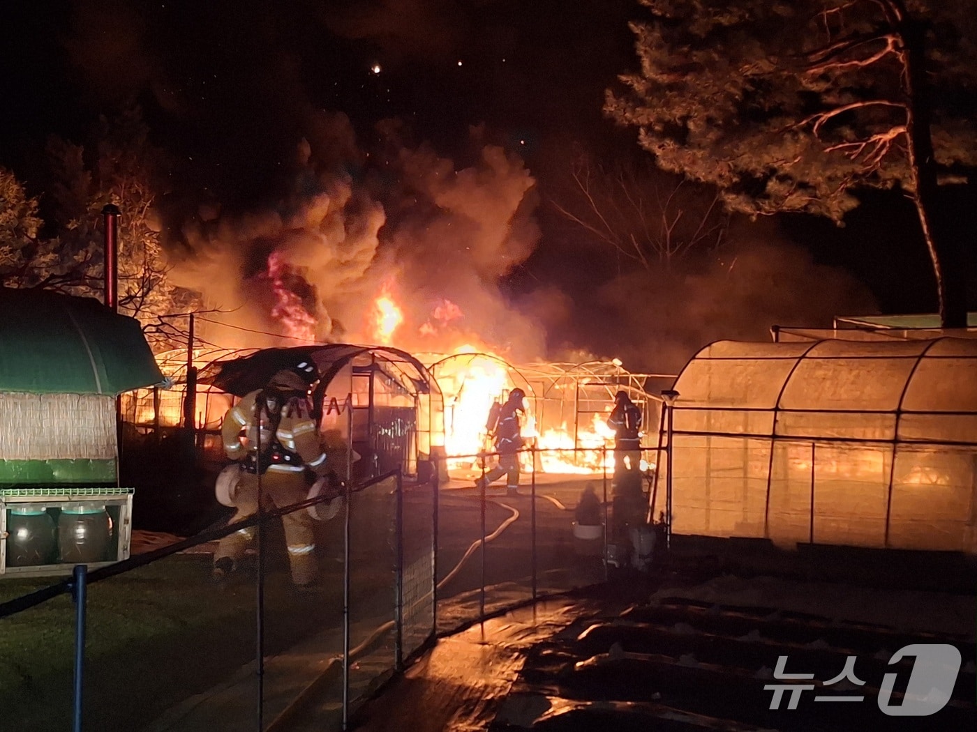 11일 오후 6시 12분쯤 경북 경주시 효현동 비닐하우스에서 불이 나 소방 당국이 진화하고 있다.&#40;경북소방본부 제공.재판매 및 DB 금지&#41;2025.12.12/뉴스1