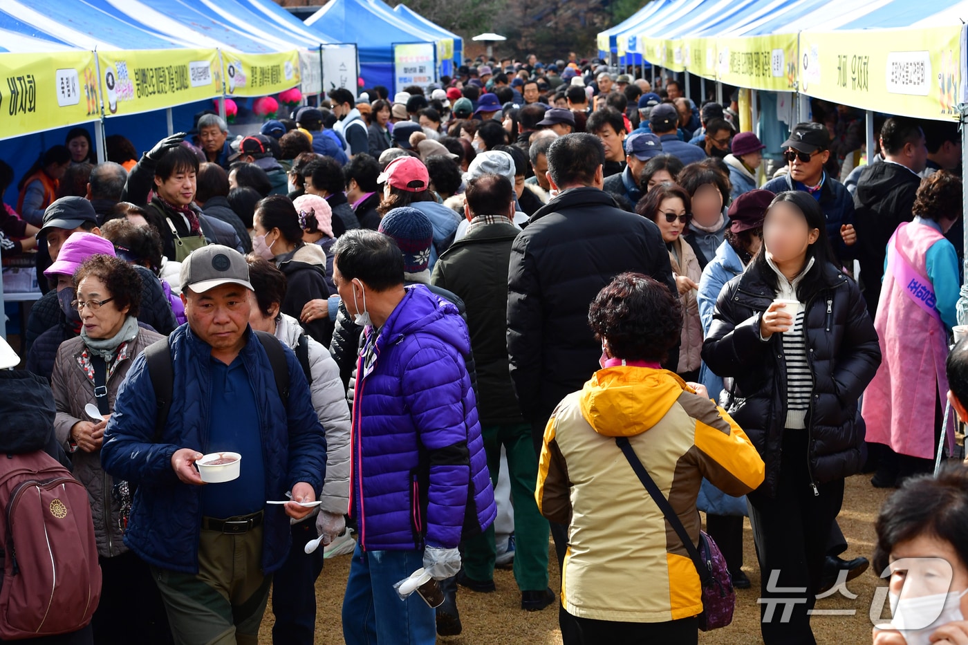 13일 경북 포항시불교사암연합회가 남구 대잠동 철길 숲에서 마련한 '사랑의 동지 팥죽 나눔' 행사장을 찾은 시민들이 팥죽을 받기 위해 줄을 서서 기다리고 있다. 2025.12.13/뉴스1 ⓒ News1 최창호 기자