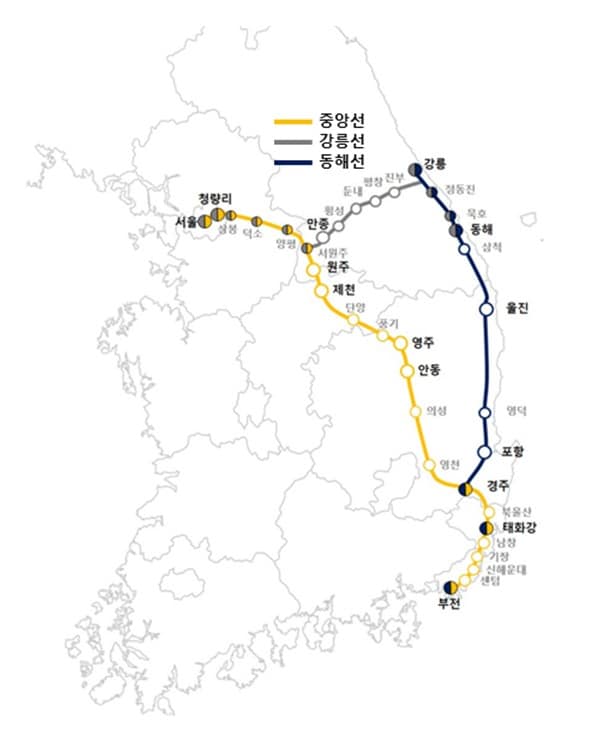 중앙선 강릉선 동해선 노선도.(국토교통부 제공)뉴스1ⓒ news1