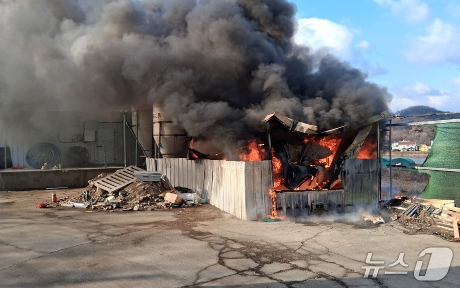 14일 오전 9시57분쯤 경북 성주군 월향면의 한 돈사에서 불이 나 시커먼 연기와 불길이 치솟고 있다.(경북소방본부 제공. 재판매 및 DB 금지)2025.12.15/뉴스1