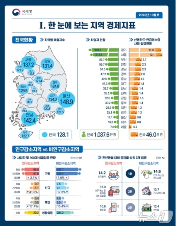 한 눈에 보는 지역 경제지표.(국세청 제공, 재판매 및 DB 금지)