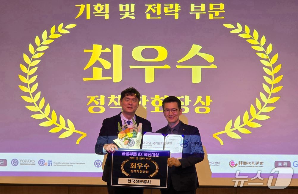 오른쪽부터 윤재훈 코레일 AI 전략본부장, 박형준 한국정책학회장(코레일 제공.재판매 및 DB금지)/뉴스1