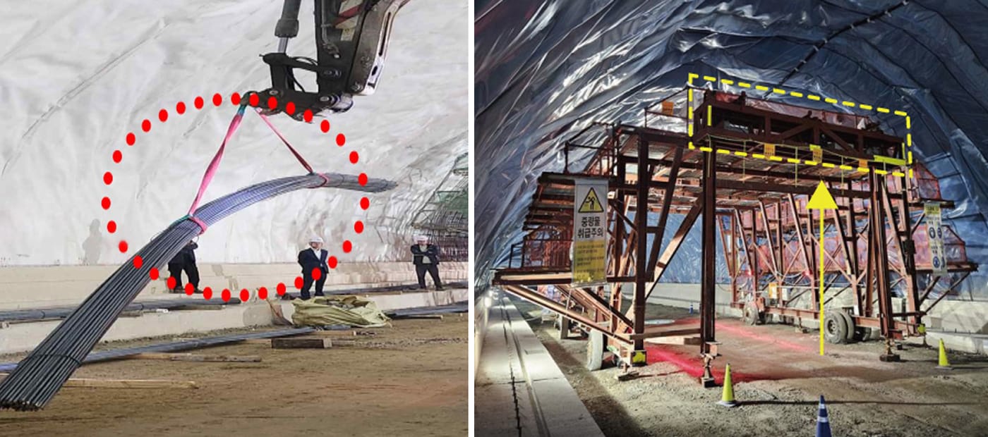  기존 터널공사 현장에서 중장비를 이용해 자재를 옮기는 모습&#40;왼쪽&#41;과 롯데건설 터널공사 현장에서 작업대차에 설치한 양중리프트를 이용해 자재를 옮기는 모습.&#40;롯데건설 제공&#41;/뉴스1 ⓒ News1