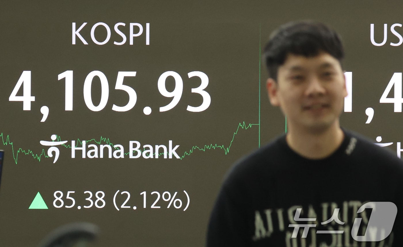 22일 서울 중구 하나은행 딜링룸 전광판 증시 종가가 나타나고 있다. 이날 코스피 지수는 전거래일 대비 85.38포인트(2.12%) 상승한 4,105.93으로 코스닥 지수는 13.87포인트(1.52%)상승한 929.14롤 마감했다. 2025.12.22/뉴스1 ⓒ News1 김명섭 기자
