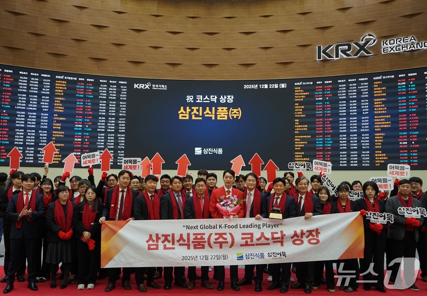 22일 상장기념식에 참석한 삼진식품 직원들이 기념촬영을 하고 있다. (삼진식품 제공. 재판매 및 DB금지)