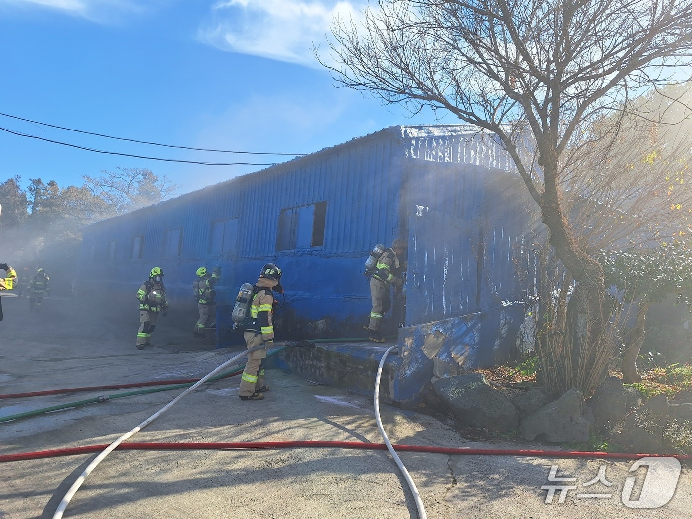 30일 오후 12시26분쯤 제주시 한림읍 금악리 양돈장 돈사에서 불이 나 소방당국이 진압 중인 모습.(제주도소방안전본부 제공. 재판매 및 DB 금지)