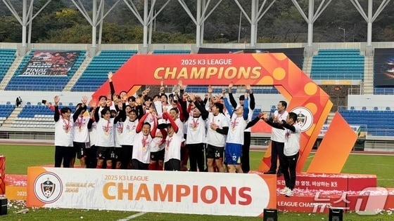 김해 FC가 지난해 11월 8일 김해종합운동장에서 열린 시즌 마지막 홈경기에서 양평 FC에 3대 0으로 승리해 리그에서 우승한 후 세리머니를 벌이고 있다.(김해시 제공. 재판매 및 DB금지)