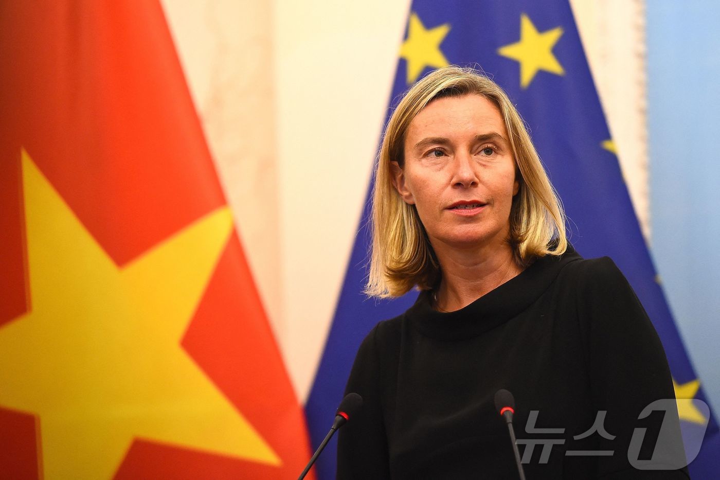 2019년 8월 5일 베트남 하노이 정부 영빈관에서 기자회견을 하고 있는 페데리카 모게리니 당시 유럽연합&#40;EU&#41; 외교정책 책임자.&lt;자료사진&gt;ⓒ AFP=뉴스1