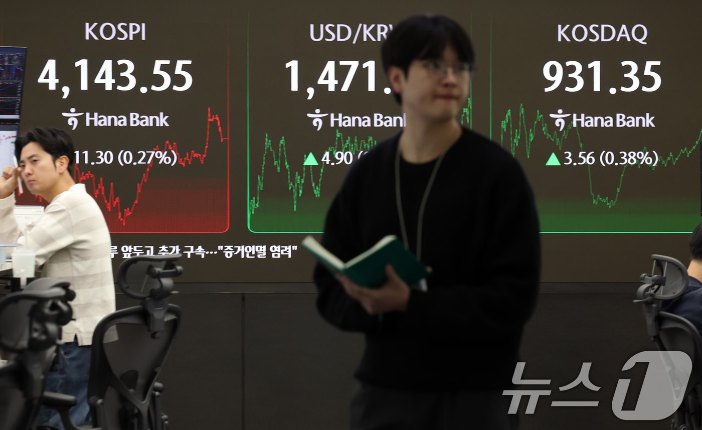 전날인 9일 오후 서울 중구 하나은행 본점 딜링룸 전광판에 종가가 표시되고 있다. 2025.12.9/뉴스1 ⓒ News1 오대일 기자