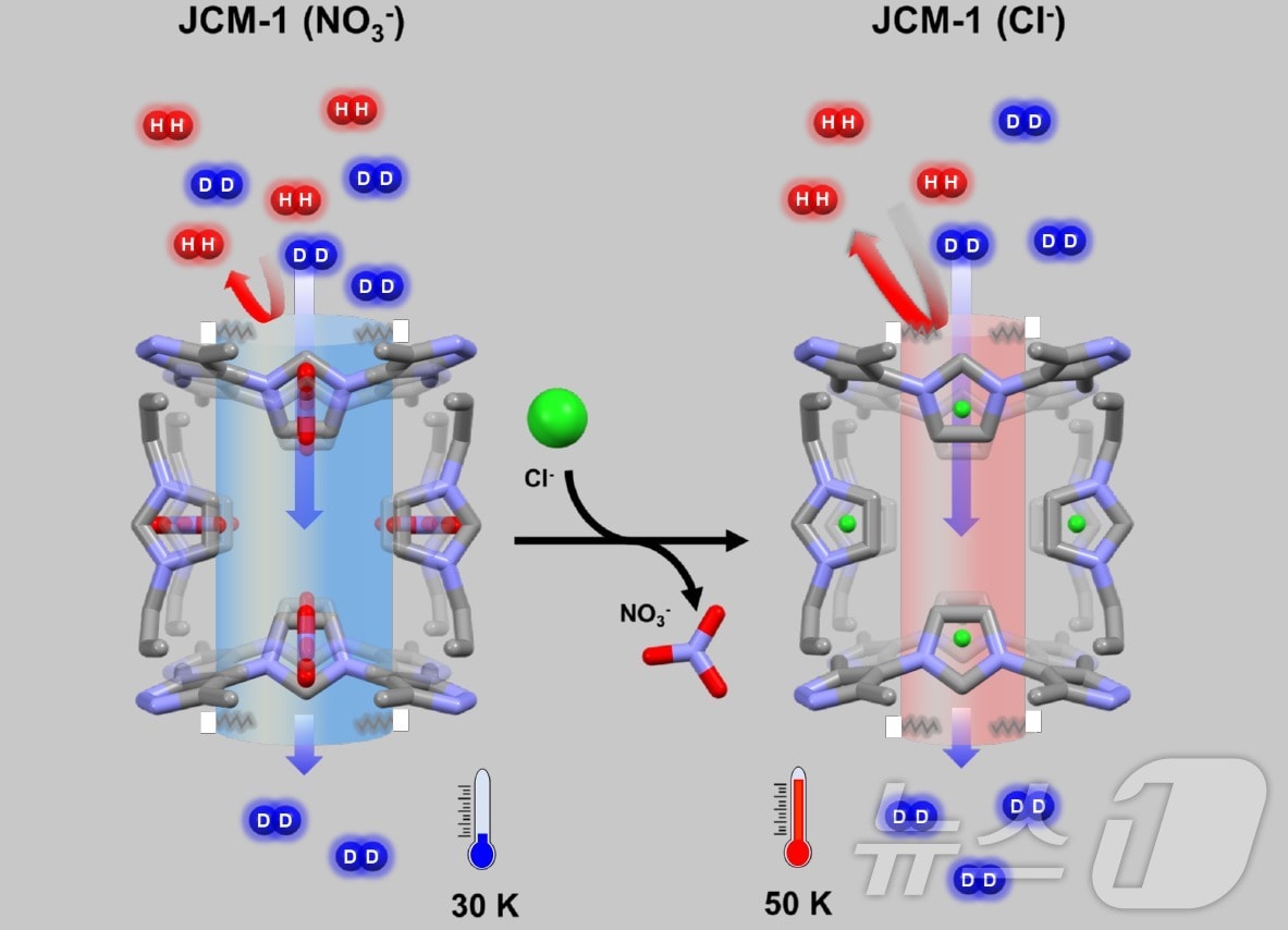 이온 교환 방식을 통한 다공성 물질의 기공조절과 중수소 분리 개념도. (UNIST 제공)