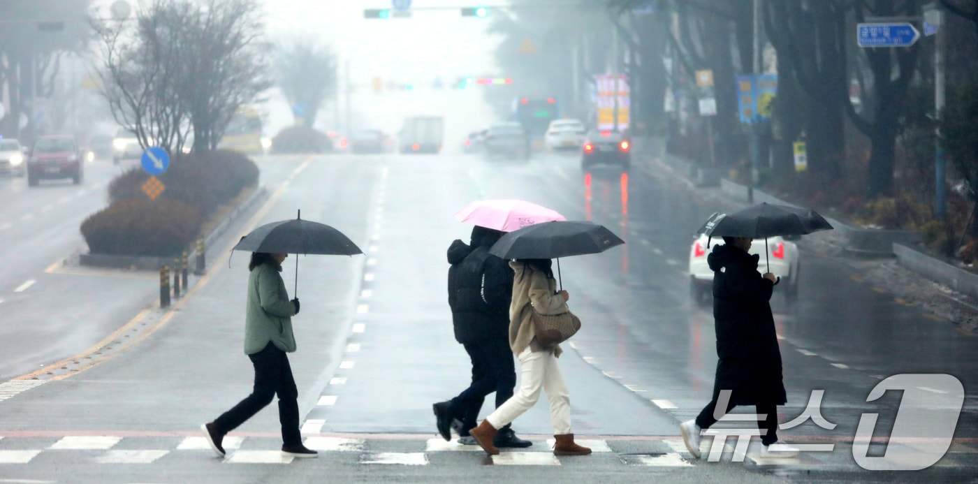 전국 대부분 지역에 눈이나 비가 내린 전북자치도 전주시 백제대로에서 우산을 쓴 시민들이 발걸음을 재촉하고 있다. 2025.2.12/뉴스1 ⓒ News1 유경석 기자