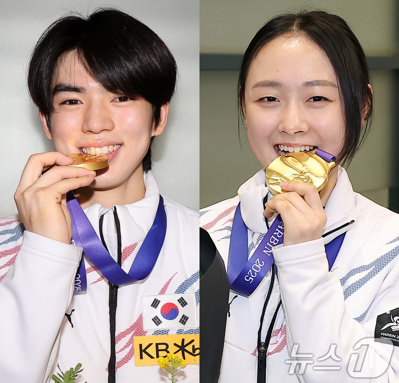 피겨스케이팅 대표팀의 차준환과 김채연이 제9회 하얼빈 동계아시안게임 출전을 마치고 14일 오후 인천국제공항을 통해 귀국 후 취재진 앞에서 금메달을 깨물고 있다. 피겨스케이팅 대표팀은 이번 대회에서 차준환과 김채연이 역대 최초로 남녀 동반 금메달을 수확하며 한국 피겨에 새로운 역사를 만들었다. 2025.2.14/뉴스1 ⓒ News1 김진환 기자