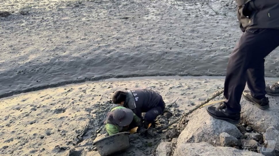 17일 오전 6시 44분쯤 전남 장흥군에서 완도해경이 갯벌에 고립된 여성을 구조하고 있다.(완도해경 제공. 재판매 및 DB 금지)2025.2.17/뉴스1