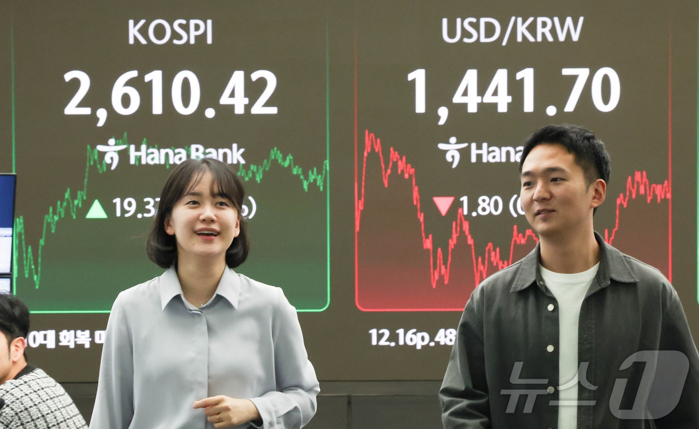 17일 서울 중구 하나은행 본점 딜링룸 전광판에 코스피 지수가 전일 대비 19.37포인트(p)(0.75%) 상승한 2610.42를 나타내고 있다.  2025.2.17/뉴스1 ⓒ News1 허경 기자