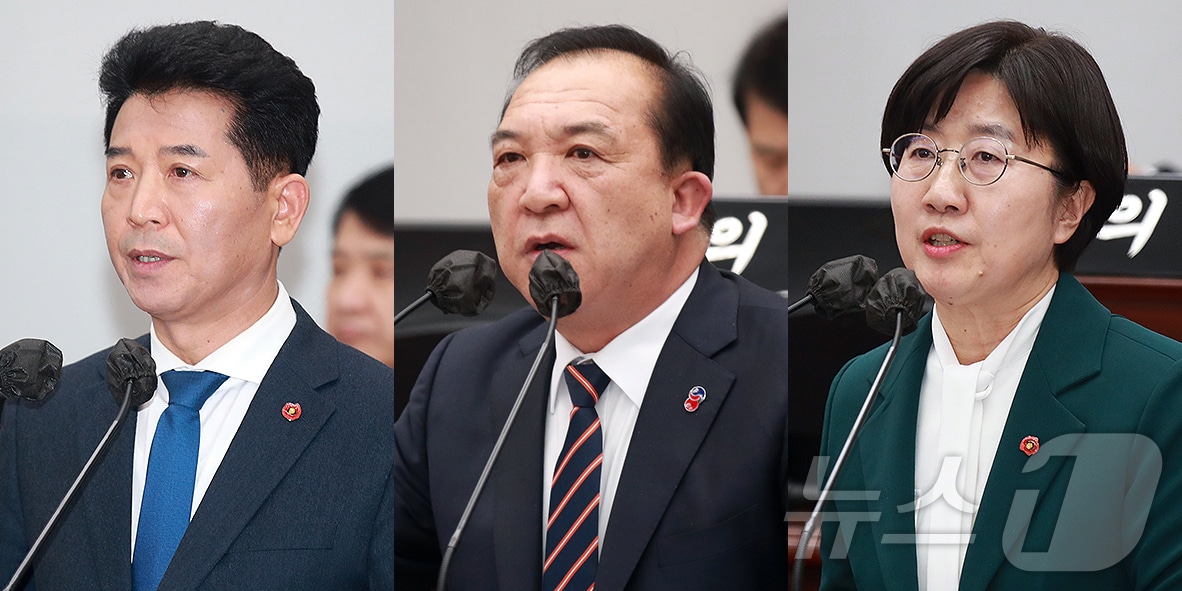 18일 오후 제435회 제주특별자치도의회 임시회 제1차 본회의에서 교섭단체 대표 연설 중인 (왼쪽부터) 송영훈 더불어민주당 원내대표, 이정엽 국민의힘 원내대표, 고의숙 미래제주 원내대표.(제주특별자치도의회 제공)