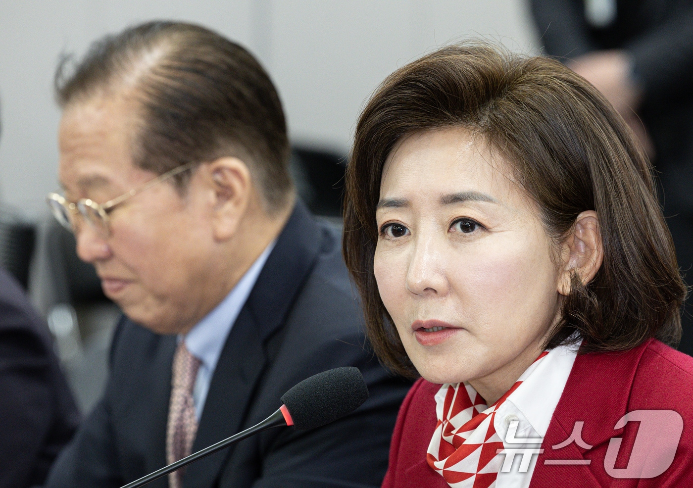 나경원 국민의힘 의원이 19일 오전 서울 여의도 국회 의원회관에서 열린 &#39;2030·장년 모두 Win-Win하는 노동개혁&#39; 대토론회에서 개회사를 하고 있다 . 2025.2.19/뉴스1 ⓒ News1 이재명 기자