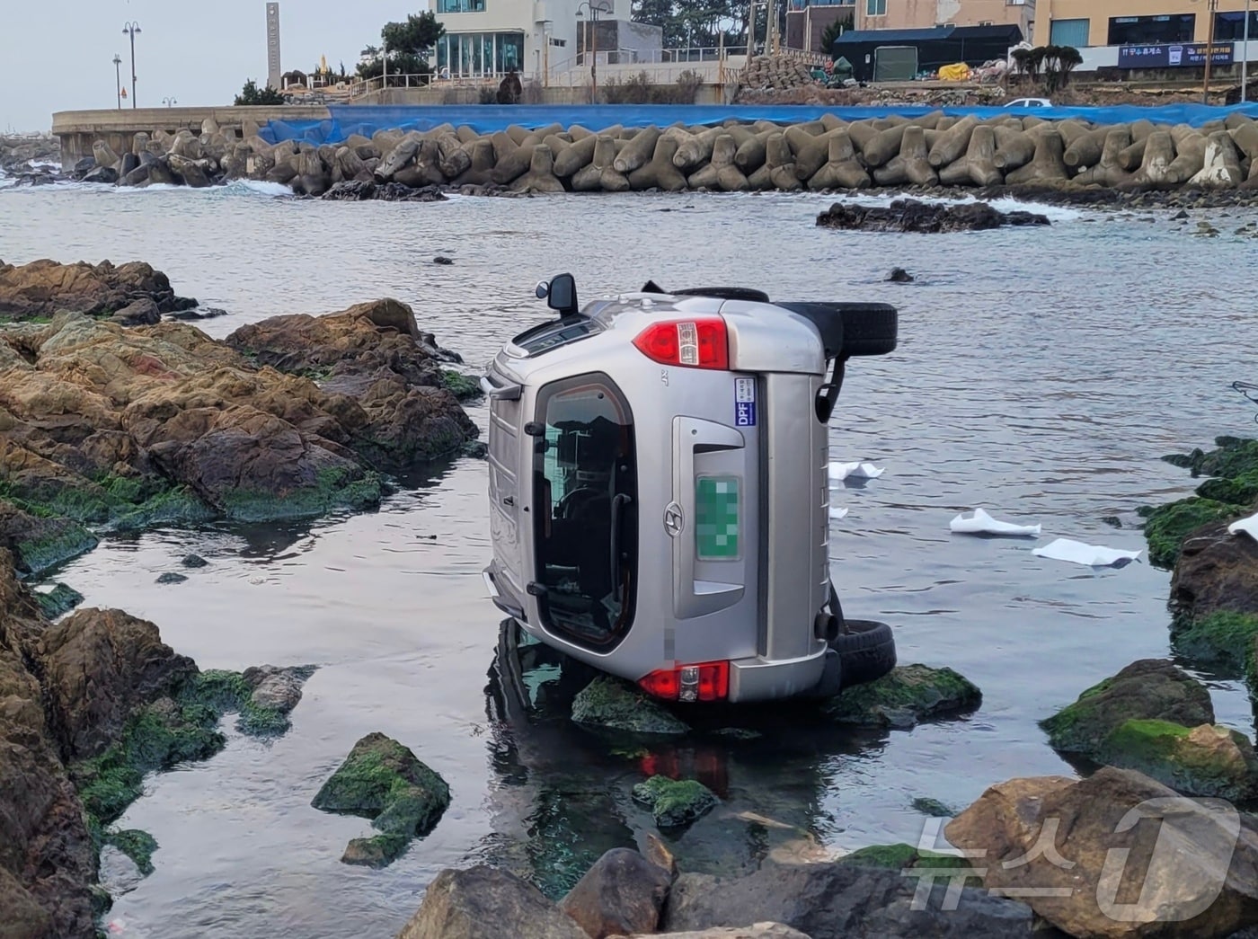 2일 오전 7시 7분쯤 부산 기장군 시랑리 갯바위 인근에서 후진 중 차량이 바다에 빠졌다.(부산해경 제공) 