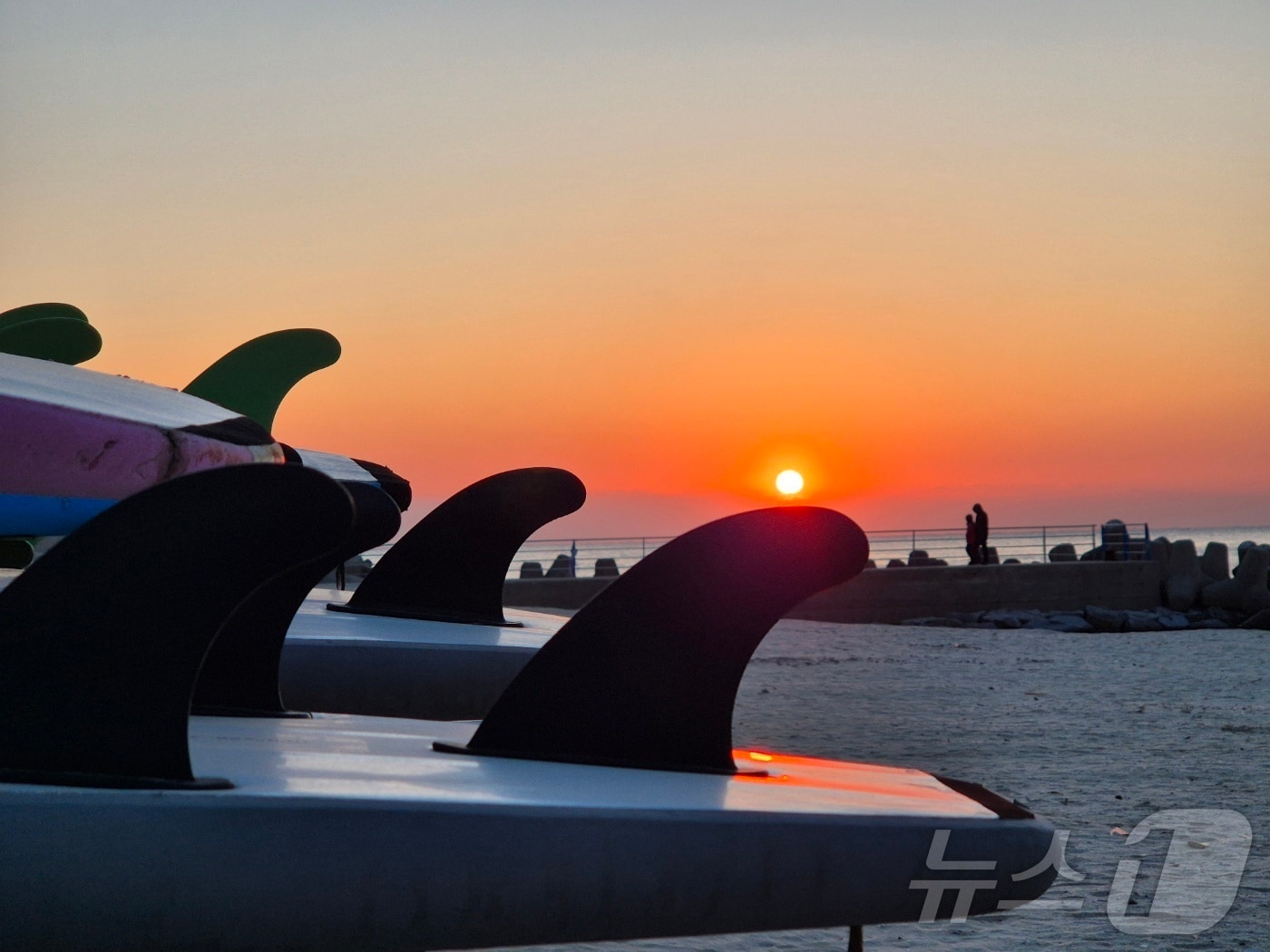 서핑 성지 강원 양양군 현남면 인구해변에 비치된 서프보드 위로 일출이 떠오르고 있다. &#40;뉴스1 DB&#41;ⓒ News1 윤왕근 기자