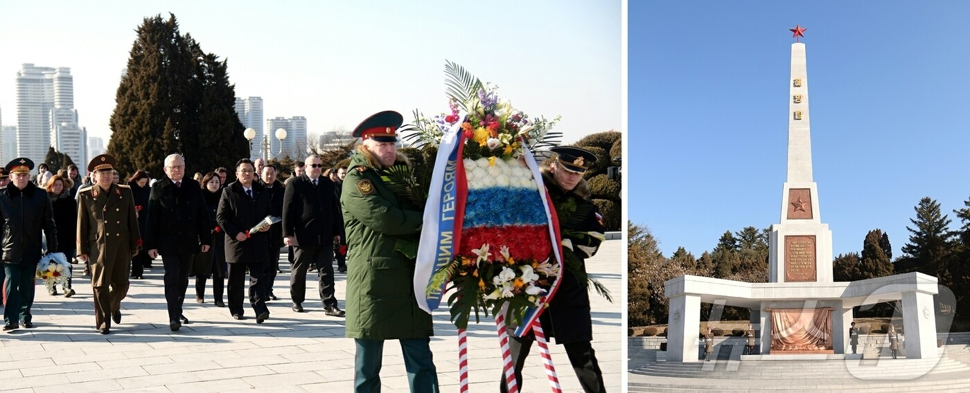 &#40;평양 노동신문=뉴스1&#41; = 북한 노동당 기관지 노동신문은 24일 러시아 국경일인 &#39;조국수호자의 날&#39;&#40;2월 23일&#41;을 맞아 북한 주재 러시아대사관 직원들이 지난 23일 해방탑에 화환을 진정했다고 보도했다. [국내에서만 사용가능. 재배포 금지. DB 금지. For Use Only in the Republic of Korea. Redistribution Prohibited] rodongphoto@news1.kr