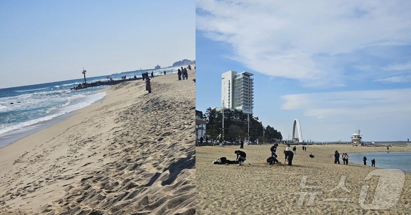 백사장 평탄화 작업 전(사진 왼쪽)과 작업 후.(강릉시 제공, 재판매 및 DB 금지) 2025.2.26/뉴스1