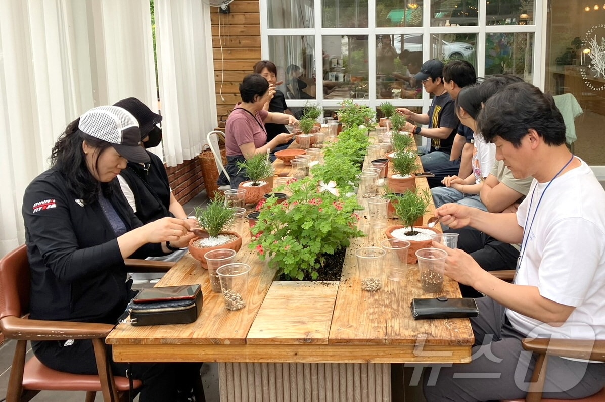 전북자치도 순창을 찾은 관광객들이 농업·농촌 치유체험 프로그램을 진행하고 있다.(순창군 제공. 재판매 및 DB 금지)/뉴스1