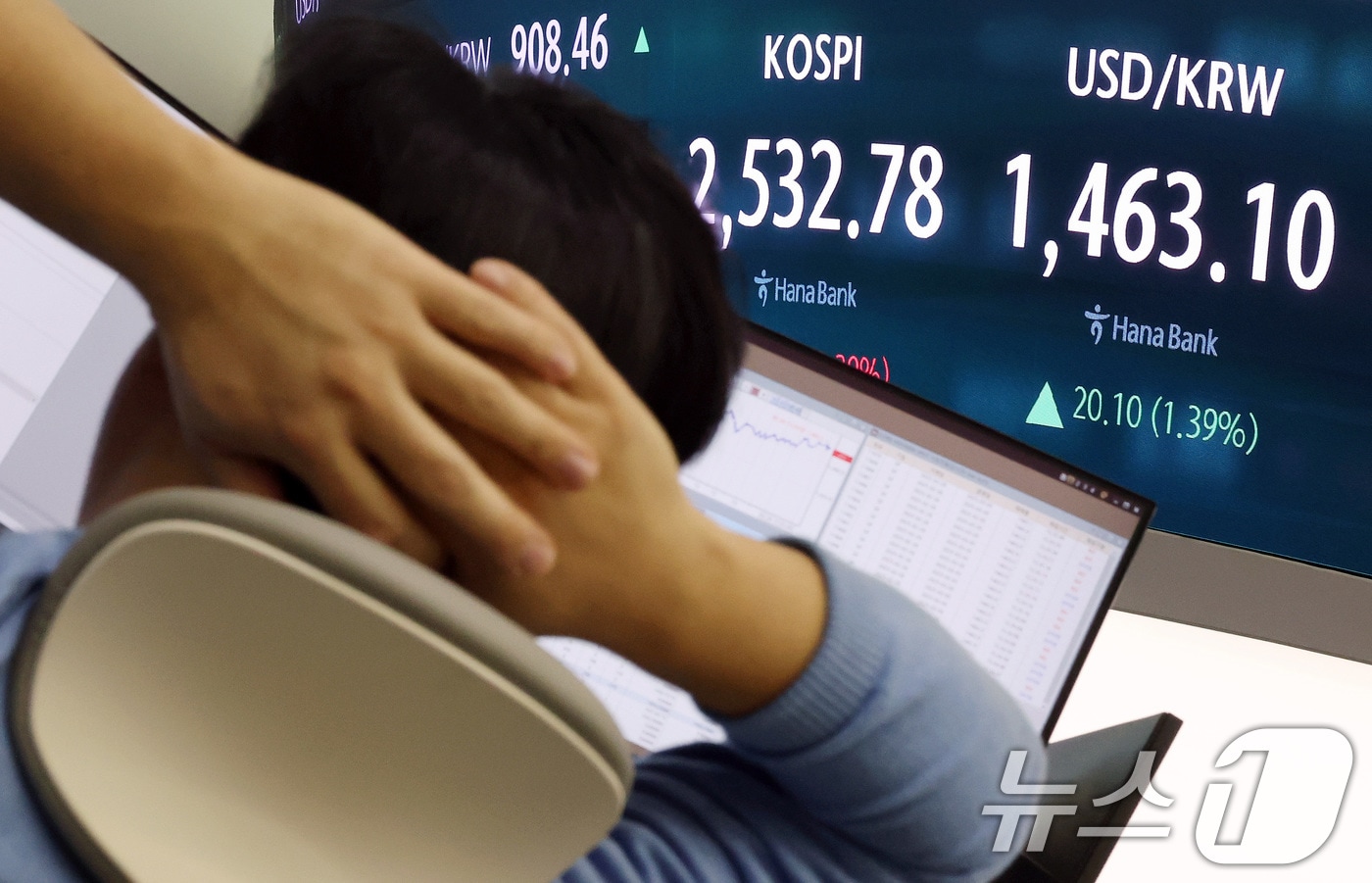 서울 중구 하나은행 본점 딜링룸 전광판./뉴스1 ⓒ News1 이동해 기자