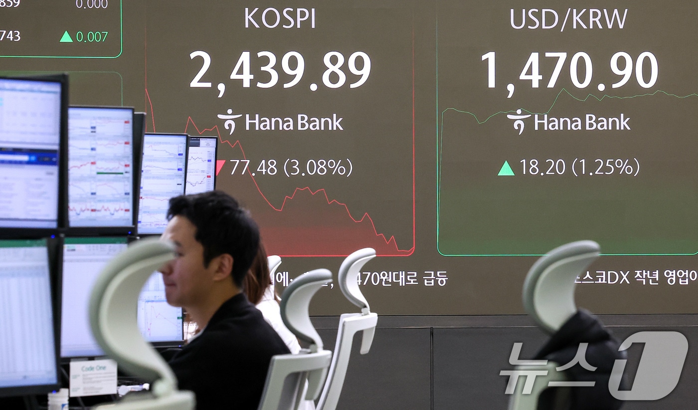 서울 중구 하나은행 본점 딜링룸 전광판./뉴스1 ⓒ News1 김성진 기자