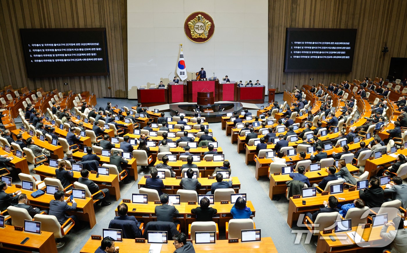 우원식 국회의장이 3일 서울 여의도 국회 본회의장에서 열린 제422회국회(임시회) 제1차 본회의에서 대정부질문 국무총리 및 국무위원 출석요구의 건 가결을 알리고 있다. 2025.2.3/뉴스1 ⓒ News1 안은나 기자
