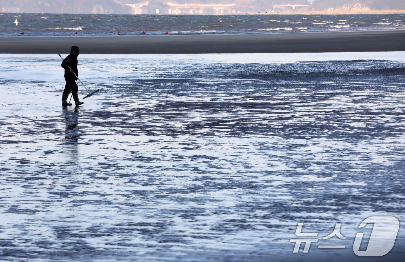 부산 사하구 다대포해수욕장 모래톱에 바닷물이 얼어 있다. 2025.2.4/뉴스1 ⓒ News1 윤일지 기자