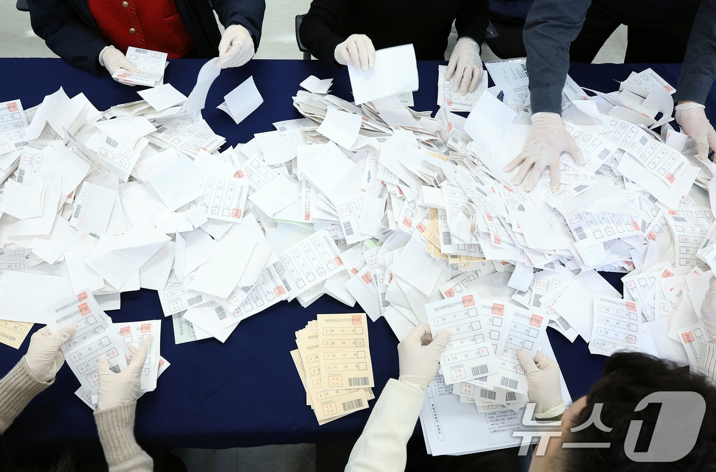 5일 오후 서울시 종로구 창경궁로 서울특별시선거관리위원회 대회의실에서 열린 제1회 전국동시새마을금고이사장선거 모의 개표 실습에서 선관위 관계자들이 개함·점검부에서 투표지를 분류하고 있다. (사진은 기사 내용과 무관함) 2025.2.5/뉴스1 ⓒ News1 박정호 기자