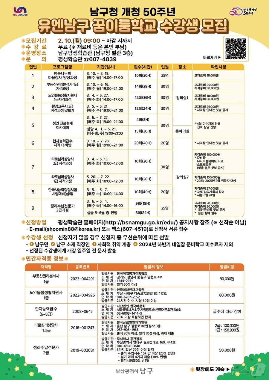 부산 남구 상반기 평생학습관 프로그램 안내 포스터.(남구 제공)