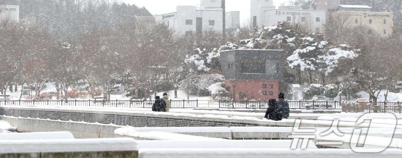 전북 전역에 대설특보가 발효된 7일 전북자치도 전주시 덕진공원에서 시민들이 내리는 눈을 맞으며 발걸음을 재촉하고 있다. 2025.2.7/뉴스1 ⓒ News1 유경석 기자