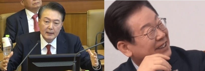 지난 6일 6차 변론기일에 출석한 윤석열 대통령과 영상을 보고 웃음이 터진 이재명 더불어민주당 대표. (헌법재판소 제공. 뉴스1/ MBC 갈무리)