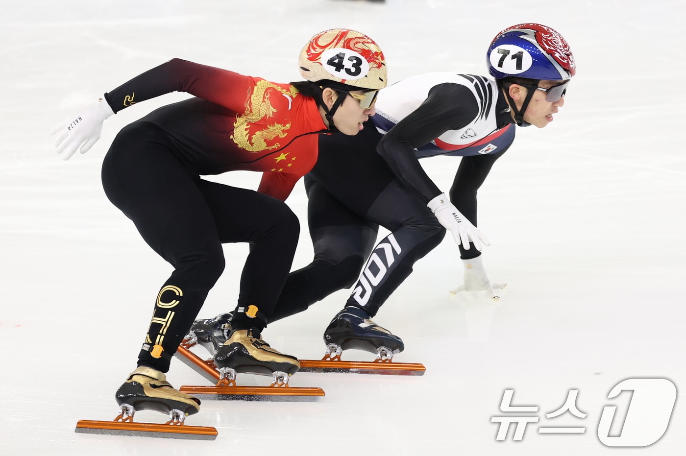 9일(현지시간) 중국 헤이룽장성 하얼빈 빙상훈련센터 다목적홀에서 열린 하얼빈 동계아시안게임 쇼트트랙 남자 1,000m 준결승에서 박지원과 중국 대표팀 린샤오쥔(한국명 임효준)이 역주하고 있다. 2025.2.9/뉴스1 ⓒ News1 이승배 기자