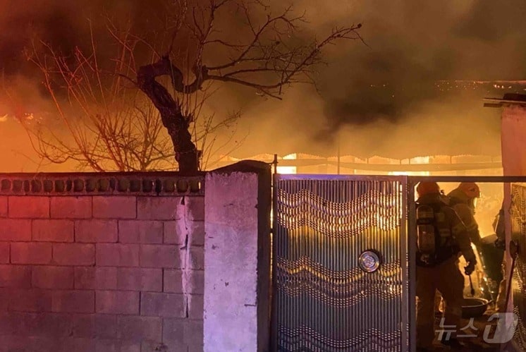 9일 오후 7시 55분쯤 동해시 망상동의 한 주택에서 불이 나 소방당국이 진화에 나서고 있다. (동부지방산림청 제공) 2025.2.9./뉴스1