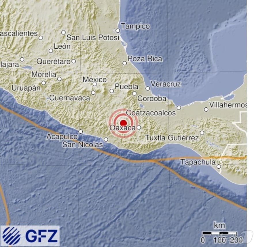 멕시코 오아하카 지역에서 규모 5.6의 지진이 발생했다. (출처=독일 지구과학연구센터) 2025.3.15./뉴스1