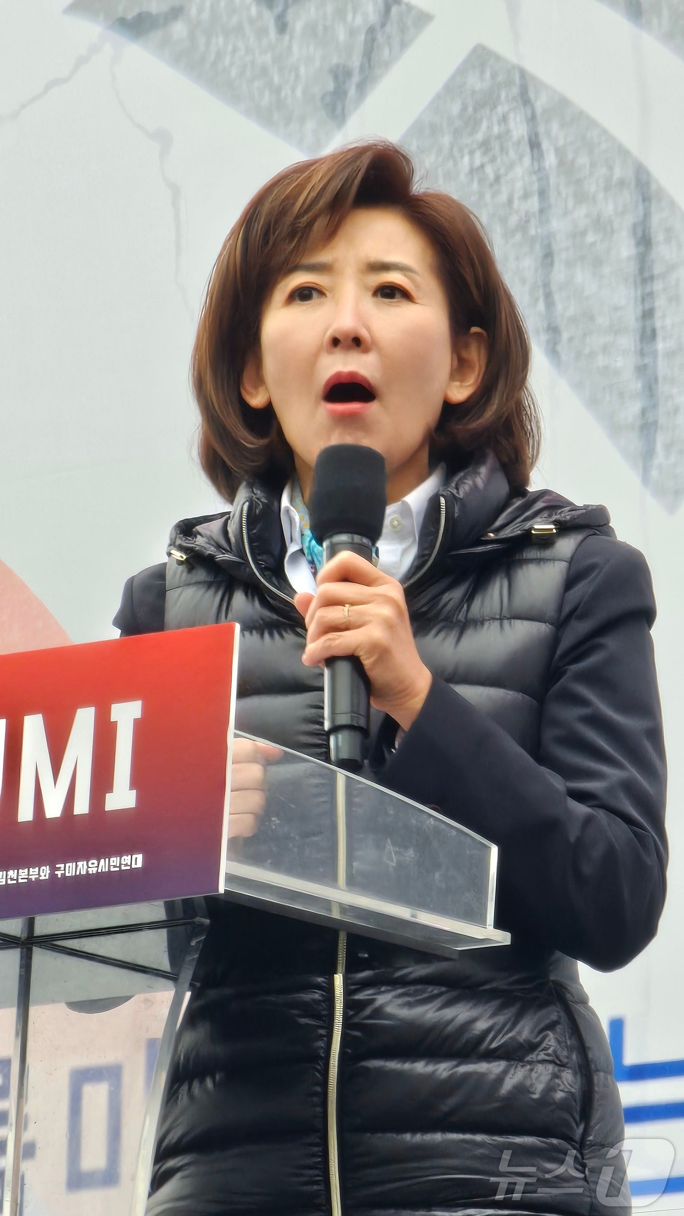 나경원 국민의힘 의원이 15일 경북 구미시 구미역 앞에서 열린 '세이브코리아 국가비상기도회'를 찾아 발언을 하고 있다. 2025.3.15/뉴스1 ⓒ News1 정우용 기자