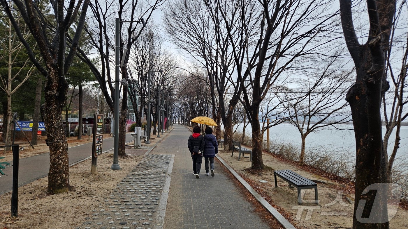 16일 오후 강원 춘천 의암공원에서 시민들이 우산을 쓴 채 산책을 하고 있다.2025.3.16 한귀섭 기자