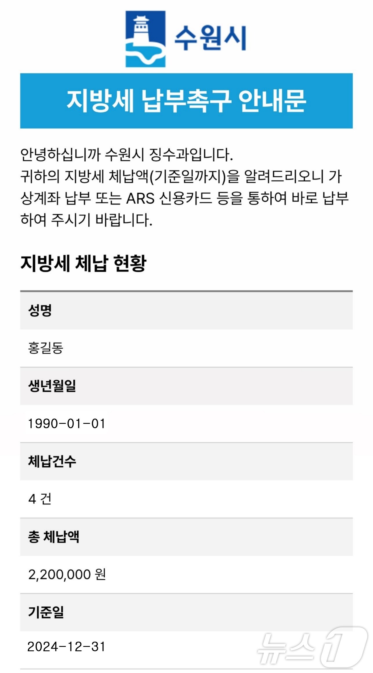 경기 수원시 지방세 체납 안내 전자고지. (수원시 제공. 재판매 및 DB 금지) 2025.3.17/뉴스1  