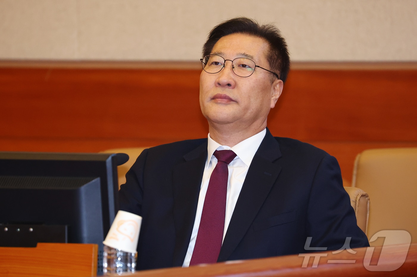 박성재 법무부 장관이 18일 서울 종로구 헌법재판소에서 열린 탄핵심판 1회 변론에 출석해 착석해 있다. (공동취재) 2025.3.18/뉴스1 ⓒ News1 김명섭 기자