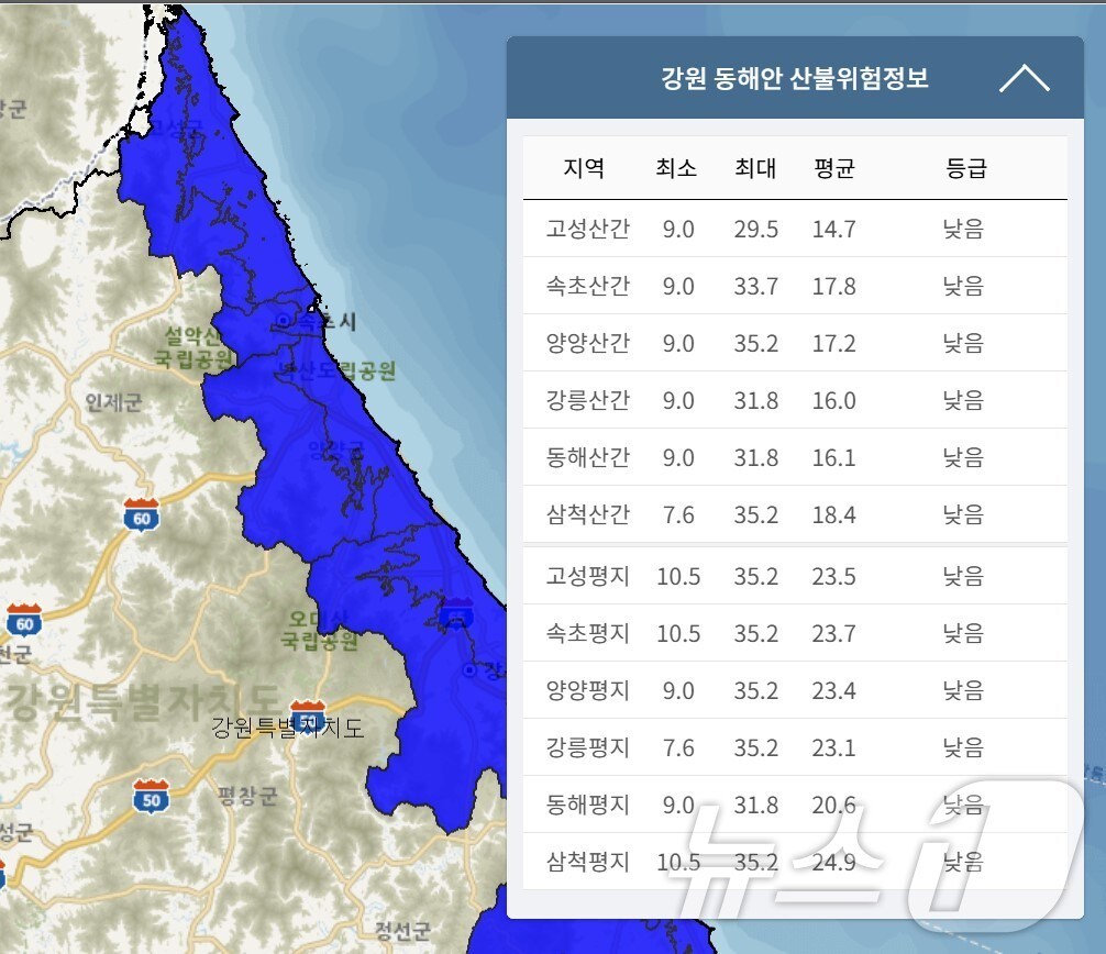 산림청 국립산불위험예보시스템의 '산불 위험 지수'에 강원 동해안이 '낮음' 단계를 보이고 있다.(산림청 국립산불위험예보시스템 홈페이지 캡처, 재판매 및 DB 금지) 2025.3.18/뉴스1