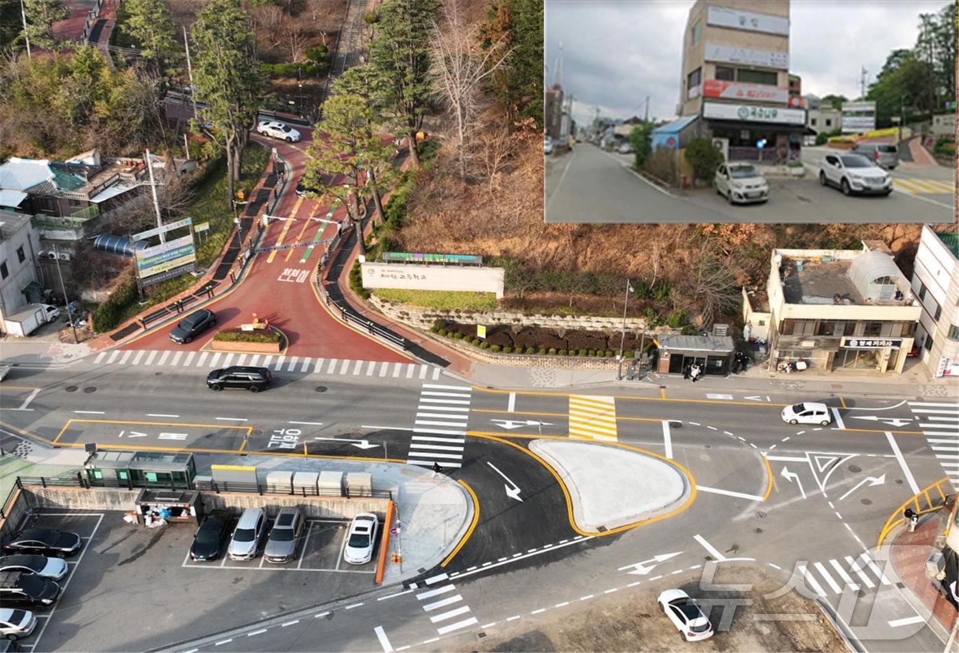 예산고 앞 우회전 차로 공사 후 모습.(오른쪽 위 작은 사진은 공사 전) (예산군 제공. 재판매 및 DB금지) /뉴스1